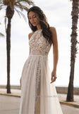 Runhufu O-Neck Boho Lace Chiffon Sleeveless Beach Wedding Dress Backless Sweep Train Floor Length Bridal Gown