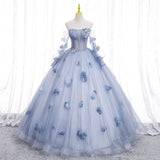 runhufu Maria Novia Blue Grey Quinceanera Dresses Long Sleeve Flower Long Sleeve Ball Gown Prom Dress Vestidos De 15 Anos