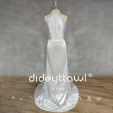 Runhufu Real Picture Simple Halter Sleeveless Satin Mermaid Wedding Dress Open Back Sweep Train Bridal Gown Custom Made