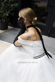 Runhufu Strapless A-Line Satin Wedding Dresses Off the Shoulder Short Sleeves Sweep Train Bridal Gowns Vestido De Novia