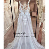 Runhufu Wedding Dress Chiffon A-line Floor Length V-neck Bride Dress Appliques Sleeveless Slit A Line Button Robes De Mariée