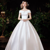 Runhufu New Satin Wedding Dress Simple Boat Neck Short Sleeve Ball Gown Plus Size Custom Made Bridal Dress Vestido De Noiva