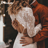 Runhufu Long Sleeves Floral Lace V Neck Boho Wedding Dress Deep V Neck Open Back Modest Rustic Civil Bridal Gown