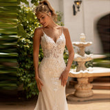 Runhufu Classic Spaghetti Straps Sleeveless Mermaid Wedding Dress For Bride 2023 Lace Appliques V-Neck Backless Sexy Bridal Gown