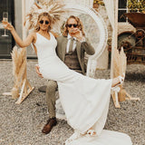 Runhufu Crepe Open Back Wedding Dress Drop Ship Custom Made Simple Sheath Satin Ivory Minimalist Sexy V Neck Bridal Gowns