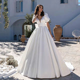 Runhufu Satin Wedding Dresses With Pockets 2023 Short Sleeves Puff Backless Bridal Dress For Women Robe De Mariee Customize