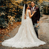 runhufu A line Wedding Dresses V-neck Custom-Made Court Train Appliques Sleeveless Bridal Gown Robe De Mariée