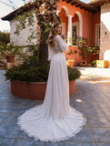 Runhufu Chiffon Long Puff Sleeves Wedding Dress Boho Appliques Lace Beach Bride Gowns O-Neck Court Train Bridal Party Dress