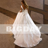 Runhufu Wedding Dresses Women V-Neck Pleat Open Back Bow Satin Spaghetti Straps Bridal Ball Gowns Sweep Train Vestidos De Noiva