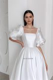 Runhufu Boat Neckline Satin Wedding Dress Puff Sleeve Princess A-Line Bridal Gowns Robe de mariage