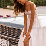 Runhufu Sweetheart Wedding Dress Srapless Slit Side Chiffon Sexy Backless Lace Applique Bridal Gown Sweep Train Vestido De Noiva