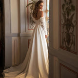 Runhufu Mermaid Wedding Dresses Off Shoulder Long Sleeves V-Neck Pleated Side Slit Bridal Gowns Backless Satin Bride Dress
