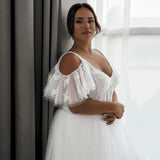 Runhufu Size Wedding Dresses For Woman 2023 Elegant V Neck Short Sleeves Applique A Line Lace up Back Bridal Dress Robe De Mariage