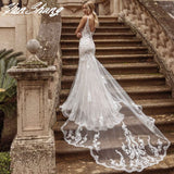 Runhufu V-Neck Wedding Dress Lace Appliques Backless Sexy Mermaid Bride Gown Tulle Zipper Button Court Train Vestidos De Noiva