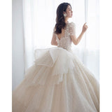 Runhufu Short Sleeve Wedding Dress 2023 New Bridal Dress V Neck Beading Shinning Ball Gown Sweep Train Vestido De Noiva