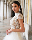 Runhufu O-Neck A-Line Wedding Dresses Short Sleeves Lace Appliques Princess Bridal Gowns Custom Made Robe De Mariée