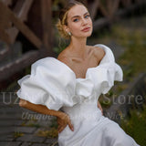 Runhufu Elegant Ivory Mermaid Satin Wedding Dresses Off The Shoulder Puffy Straps Bridal Gowns With Detachable Train Wedding Gown