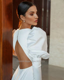 Runhufu O-Neck Satin Mermaid Wedding Dresses Puff Sleeve Sweep Train Bridal Gown Robe de mariée
