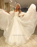 Runhufu Sweetheart Wedding Dresses Off the Shoulder Long Puff Sleeves Sweep Train Bridal Gowns Vestido Novia