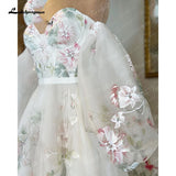 runhufu Off Shoulder Princess Sweetheart Print Flower Wedding Dress with Detachable Long Puff Sleeve Wedding Party Dress