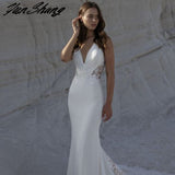 Runhufu Sleeveless Wedding Dress Lace Appliques Deep V-Neck Sexy Mermaid Bride Gown Zipper Button Court Train Vestidos De Noiva