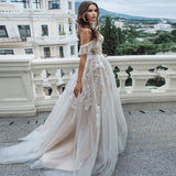 Runhufu Wedding Dress Lace Appliques Tulle Backless Beach Floor-length Wedding Party Gowns Off Shoulder Princess Vestido De Novia