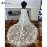 runhufu Spaghetti Straps A Line Tulle Wedding Dress For Women 2023 Sexy Bridal Boho Beach Wedding Gowns Lace Backless