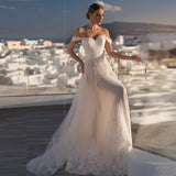 Runhufu Lace Appliques A-Line Sweetheart Wedding Dresses 2023 Off The Shoulder Backless Tulle Beach Bridal Gown Sweep Train