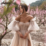 Runhufu Pink Boho Wedding Dress Detachable Puff Sleeve Bridal Dresses Sparky Pleat Side Split Wedding Gowns Beach Sweetheart vesti