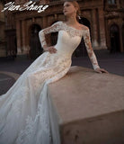 Runhufu Long Sleeve Wedding Dress A-Line 2023 Boat Neck Lace Appliques Sweep Train Chiffon Long Civil Bridal Gown With Button