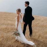 Runhufu Made Sheath Crepe Minimal Outdoor Wedding Dress Backless Drop Ship Simple Rustic Brush Train Cowl Back Ivory Bridal Gowns