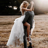 Runhufu Lace Tulle Illusion Wedding Dress For Bride V-Neck Chic Bridal Party Gown Women Beach Vestidos De Noiva Mariage Custom Made
