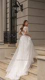 Runhufu O-Neck A-line Wedding Dresses Puff Sleeve Flower Open Back Floor Length Appliques Bridal Gown Vestidos De Novia