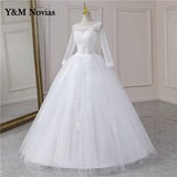 runhufu Video Cheap Luxury Pearls Ball Gowns O-Neck Off White Tulle Bridal Dress For Wedding Dresses with Sleeve Plus Size Custome