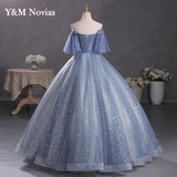 runhufu New Gray Blue Quinceanera Dresses Plus Size Ball Gowns With Sleeves Puffy Dresses For Prom Sweet 16 Dress Vestido De 15anos