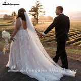 runhufu A line Wedding Dresses V-neck Custom-Made Court Train Appliques Sleeveless Bridal Gown Robe De Mariée