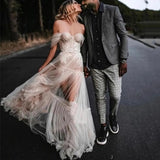 Runhufu Boho Sexy Sweetheart Wedding Dress 2023 A-Line Cap Sleeve Off Shoulder Backless Transparent Chiffon Bride Gown Floor-Length