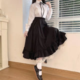 Runhufu Solid Color Double Layer Vintage French Ruffled A-line Skirt Hepburn Style Black White Half Skirt Female Long Skirts