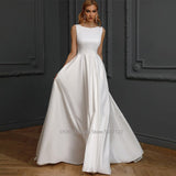 Runhufu Sale O-Neck Satin Illusion Wedding Dresses Sleeveless Princess Long Bridal Gowns Vestido De Novia