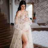 Runhufu Puffy Sleeves Celestial Stars Maternity Dress Custom Made High Split Sweetheart Pregnant Photography Gowns with Corset Back