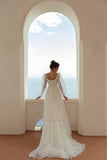 Runhufu Strapless A-Line Wedding Dresses Long Puff Sleeves Beading Lace Appliques Princess Bridal Gowns