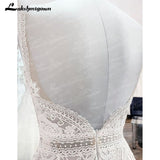 runhufu A Line Boho Wedding Dress Spaghetti Straps Lace Tulle V Neck Sleeveless Open Back Vestidos de Fiesta