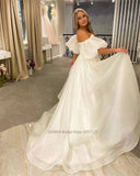 Runhufu Sweetheart Wedding Dresses Off the Shoulder Long Puff Sleeves Sweep Train Bridal Gowns Vestido Novia