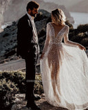 Runhufu V- Neck Sequins Wedding Dresses Long Sleeves Floor Length Backless Bridal Gowns Robe De Marié