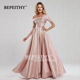 runhufu Robe De Soiree One Shoulder Short Sleeves Long Evening Dresses Pink Glitter Prom Dress 2023 Vestido De Fiesta De Boda