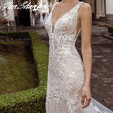 Runhufu V-Neck Wedding Dress Lace Appliques Backless Sexy Mermaid Bride Gown Tulle Zipper Button Court Train Vestidos De Noiva