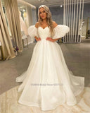 Runhufu Sweetheart Wedding Dresses Off the Shoulder Long Puff Sleeves Sweep Train Bridal Gowns Vestido Novia