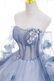 runhufu Maria Novia Blue Grey Quinceanera Dresses Long Sleeve Flower Long Sleeve Ball Gown Prom Dress Vestidos De 15 Anos