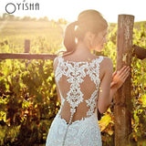 Runhufu New Sexy V-Neck Tulle Lace Bride Mermaid Wedding Dress Appliques Backless Sleeveless Customized Button Boho Sweep Train