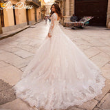 Runhufu Princess V-Neck Wedding Dress Long Sleeve Lace Up Appliques Ball Gown Luxury Bride Gown Backless Train Robe de mariée
